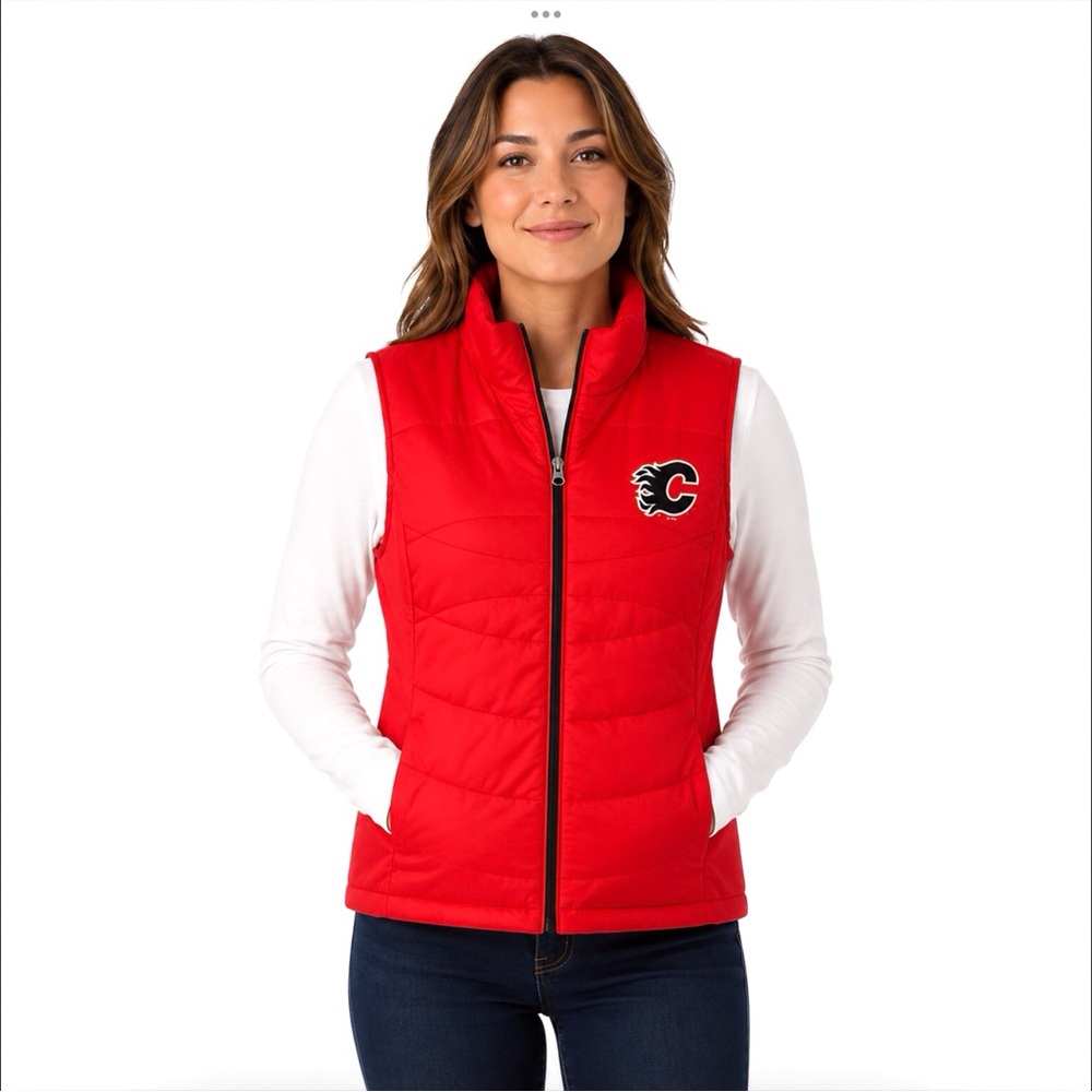 Calgary Flames Womens Jacket Size Large Puffer Vest Stretch Sides G-III Coat